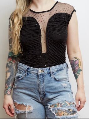 Black Sheer Plunge Ruched Top